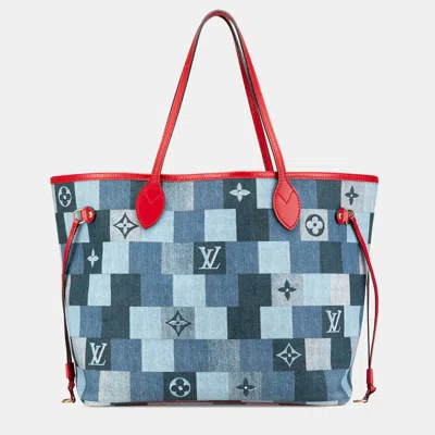 Pre-owned Louis Vuitton Blue Monogram Denim Patchwork Neverfull Mm