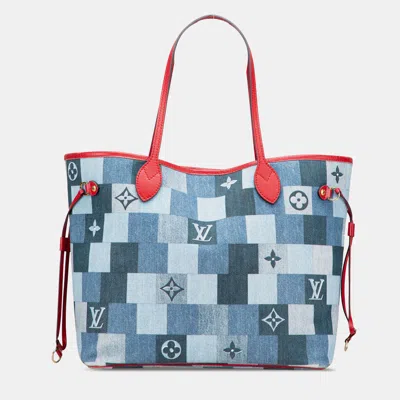 Pre-owned Louis Vuitton Blue Monogram Denim Patchwork Neverfull Mm