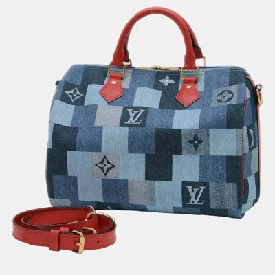 Pre-owned Louis Vuitton Blue Monogram Denim Patchworks Speedy Bandouliere 30 Bag