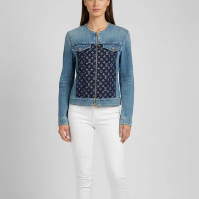 Pre-owned Louis Vuitton Blue Monogram Denim Zip Up Jacket M