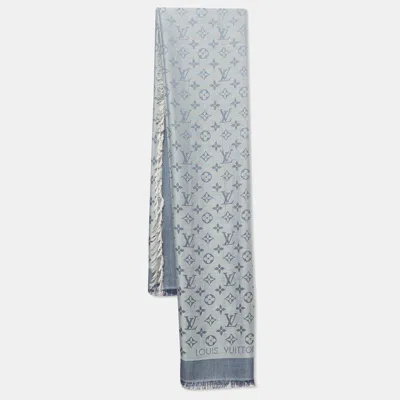 Pre-owned Louis Vuitton Blue Monogram Silk And Wool Blend Denim Shawl