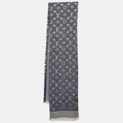 Pre-owned Louis Vuitton Blue Monogram Silk And Wool Blend Denim Shawl