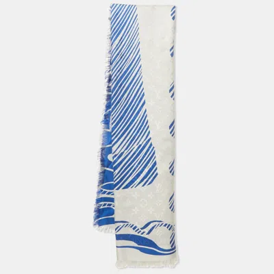 Pre-owned Louis Vuitton Blue Monogram Silk And Wool Shawl