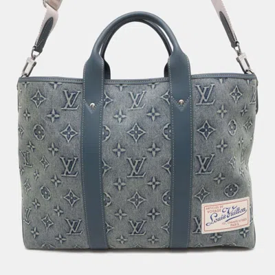 Pre-owned Louis Vuitton Blue Monogram Washed Denim Weekend Tote Bag Nm