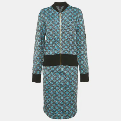 Pre-owned Louis Vuitton Blue Monogram Wool & Silk Bomber Jacket & Skirt M