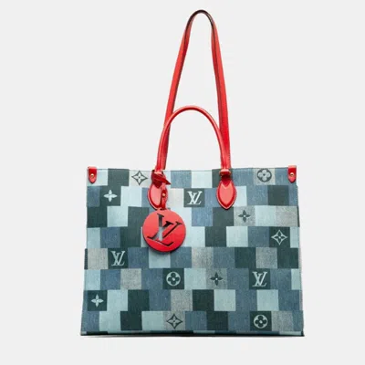Pre-owned Louis Vuitton Blue Red Leather Monogram Denim Onthego Gm Tote Bag