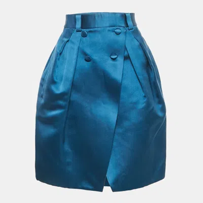 Pre-owned Louis Vuitton Blue Silk Buttoned Wrap Skirt M