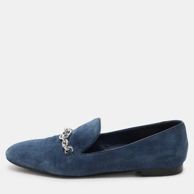 Pre-owned Louis Vuitton Blue Suede Embellished Loafers Size 39