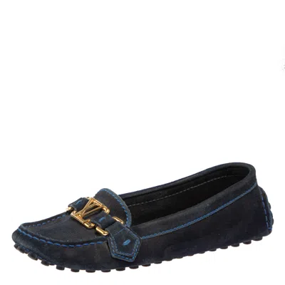 Pre-owned Louis Vuitton Blue Suede Logo Slip On Loafers Size 36.5