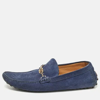 Pre-owned Louis Vuitton Blue Suede Slip On Loafers Size 43.5
