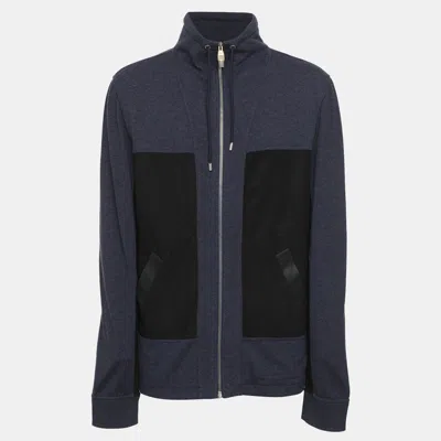 Pre-owned Louis Vuitton Blue/black Wool Blend And Leather Pullover Cardigan Xl