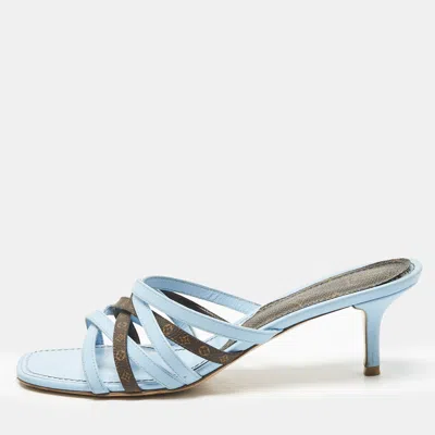 Pre-owned Louis Vuitton Blue/brown Monogram Canvas And Leather Slide Sandals Size 37