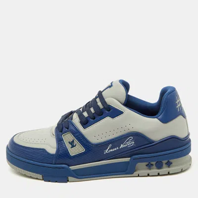 Pre-owned Louis Vuitton Blue/light Grey Leather Lv Trainer #54 Sneakers Size 40