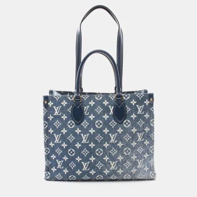Pre-owned Louis Vuitton Navy Blue/white Monogram Jacquard Denim Leather On The Go Mm