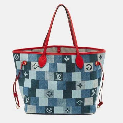 Pre-owned Louis Vuitton Blue/red Denim Patchwork Neverfull Mm Bag