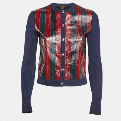 Pre-owned Louis Vuitton Blue/red Striped Faux Leather And Knit Button Front Jacket S