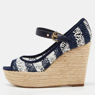Pre-owned Louis Vuitton Blue/white Fabric Suede And Mesh Open Toe Wedge Espadrille Sandals Size 38