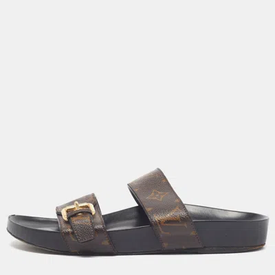 Pre-owned Louis Vuitton Bom Dia Size 37 Brown Coated Canvas Flat Slides