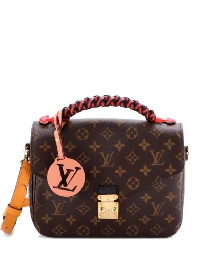 Pre-owned Louis Vuitton Braided Handle Pochette Metis Monogram Canvas With Leather Satchel In Brown