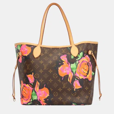 Pre-owned Louis Vuitton Brown Canvas Neverfull Mm Monogram Rose Tote Bag