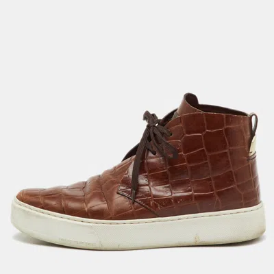 Pre-owned Louis Vuitton Brown Croc Embossed Leather Front Row High Top Sneakers Size 41