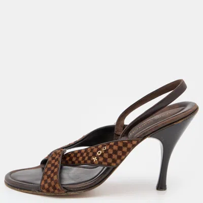 Pre-owned Louis Vuitton Brown Damier Ebene Calf Hair And Leather Slingback Sandals Size 38