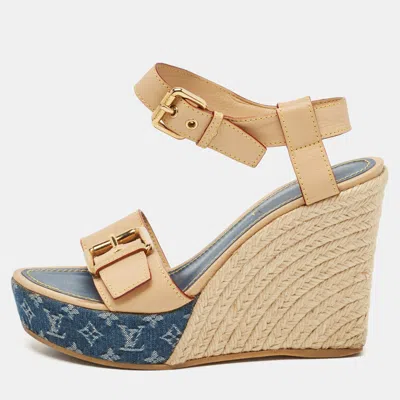 Pre-owned Louis Vuitton Brown Denim And Leather Wedge Sandals Size 38