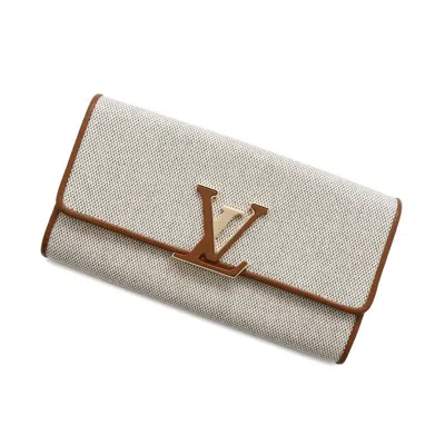 Pre-owned Louis Vuitton Brown Ivory Canvas Leather Long Wallet (bi-fold) ()