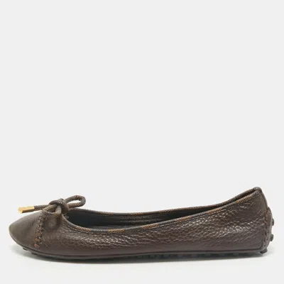 Pre-owned Louis Vuitton Brown Leather And Damier Ebene Canvas Bow Ballet Flats Size 39