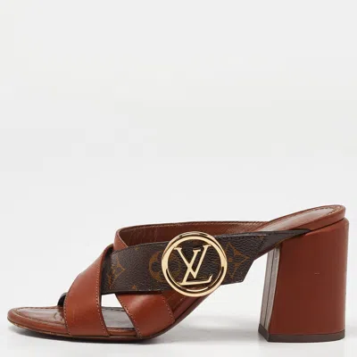 Pre-owned Louis Vuitton Brown Leather And Monogram Canvas Horizon Block Heel Slide Sandals Size 37