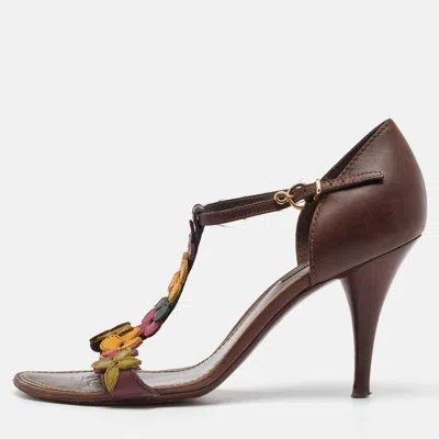 Pre-owned Louis Vuitton Brown Leather Aubepine Floral T Strap Sandals Size 37.5