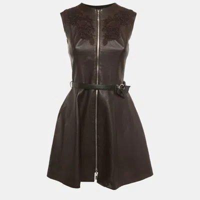 Pre-owned Louis Vuitton Brown Leather Belted Lace Detail Mini Dress S