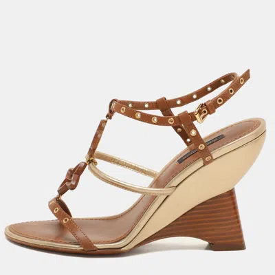 Pre-owned Louis Vuitton Brown Leather Eyelet T-strap Wedge Sandals Size 38.5
