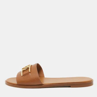 Pre-owned Louis Vuitton Brown Leather Lock It Flat Slides Size 40