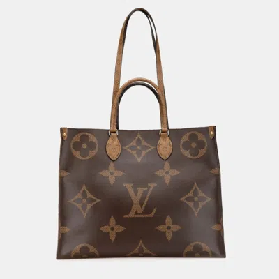 Pre-owned Louis Vuitton Brown Leather Monogram Giant Reverse Onthego Gm Shoulder Bag