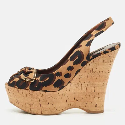 Pre-owned Louis Vuitton Brown Leopard Print Fabric Bow Cork Wedge Platform Slingback Pumps Size 37.5