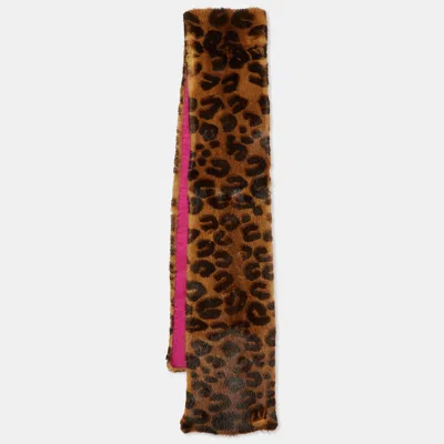 Pre-owned Louis Vuitton Brown Leopard Print Mink Fur Metal Logo Detail Stole