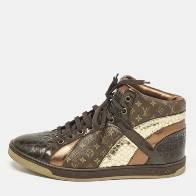 Pre-owned Louis Vuitton Brown Monogram Canvas And Crocodile Punchy High Top Sneakers Size 36.5