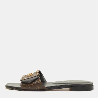 Pre-owned Louis Vuitton Brown Monogram Canvas And Leather Lv Frame Flat Slide Size 37