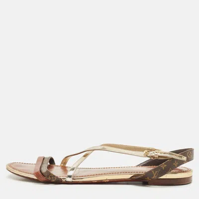 Pre-owned Louis Vuitton Brown Monogram Canvas And Leather Slingback Flat Sandals Size 40