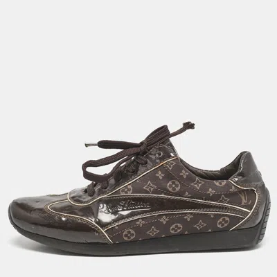 Pre-owned Louis Vuitton Brown Monogram Canvas And Patent Globe Trotter Sneakers Size 38.5