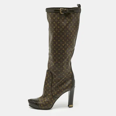 Pre-owned Louis Vuitton Brown Monogram Canvas And Patent Idole Knee Length Boots Size 37.5