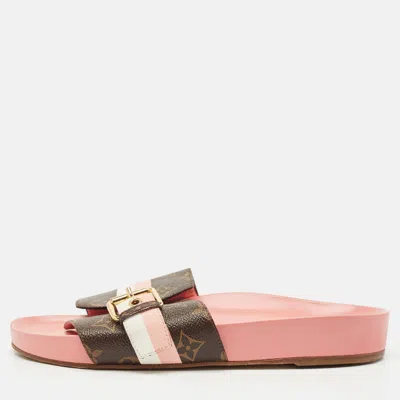 Pre-owned Louis Vuitton Brown Monogram Canvas Buckle Bom Dia Flat Slides Size 39