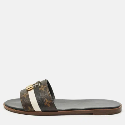 Pre-owned Louis Vuitton Brown Monogram Canvas Lock It Flat Slides Size 38.5