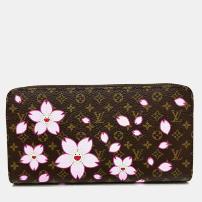Pre-owned Louis Vuitton Brown Monogram Canvas Takashi Murakami Cherry Blossom Long Zippy Wallet