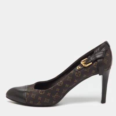 Pre-owned Louis Vuitton Brown Monogram Mini Lin Canvas And Leather Barbara Cap Toe Pumps Size 38.5