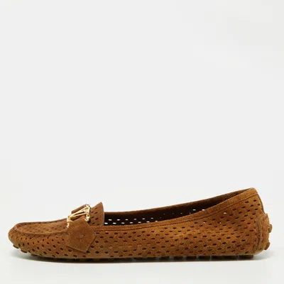 Pre-owned Louis Vuitton Brown Perforated Suede Oxford Loafers Size 37.5