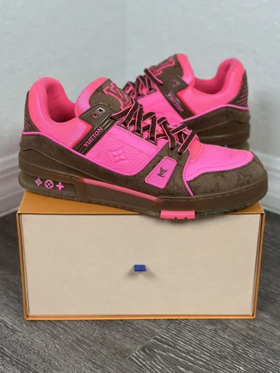 Pre-owned Louis Vuitton Brown Pink Monogram Calfskin Trainer Sneakers