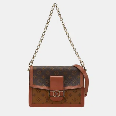 Pre-owned Louis Vuitton Brown Pvc Leather Monogram Reverse Dauphine Mm Chain Shoulder Bag