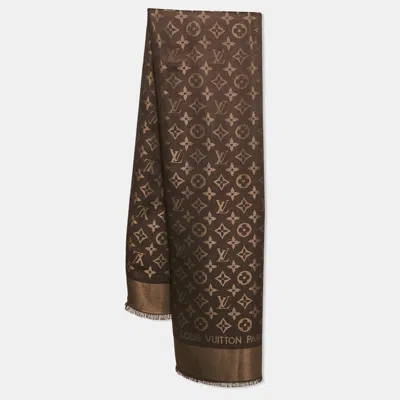 Pre-owned Louis Vuitton Brown Silk Blend Monogram Shine Scarf